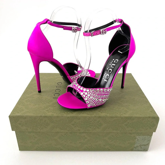New GUCCI Crystal GG Embellished Hot Pink Fuchsia Satin Heel Sandal Ankle Strap - Picture 3 of 14